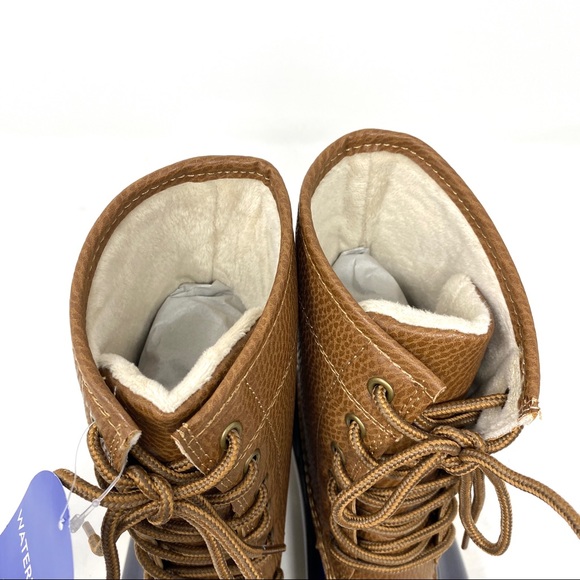 New in Box Brown Navy Blue Faux Fur Vegan Leather Waterproof Duck Boots - Picture 7 of 11